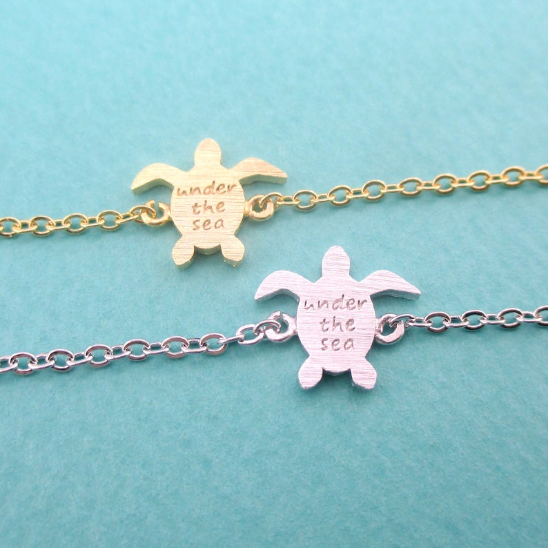 Under the Sea Marine Turtle Silhouette Shaped Charm Bracelet for Ocean Lovers in Gold or Silver Handmade Minimal Animal Jewelry
