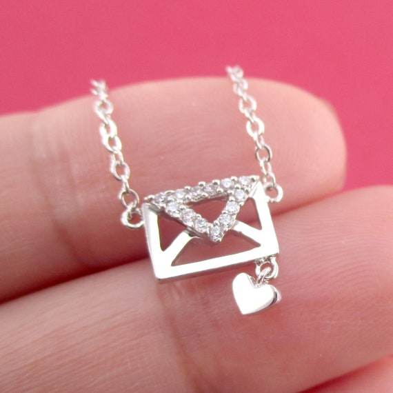 Love Letter Rhinestone Envelope and Heart Shaped Pendant Necklace in Silver | Handmade Simple and Dainty Jewelry