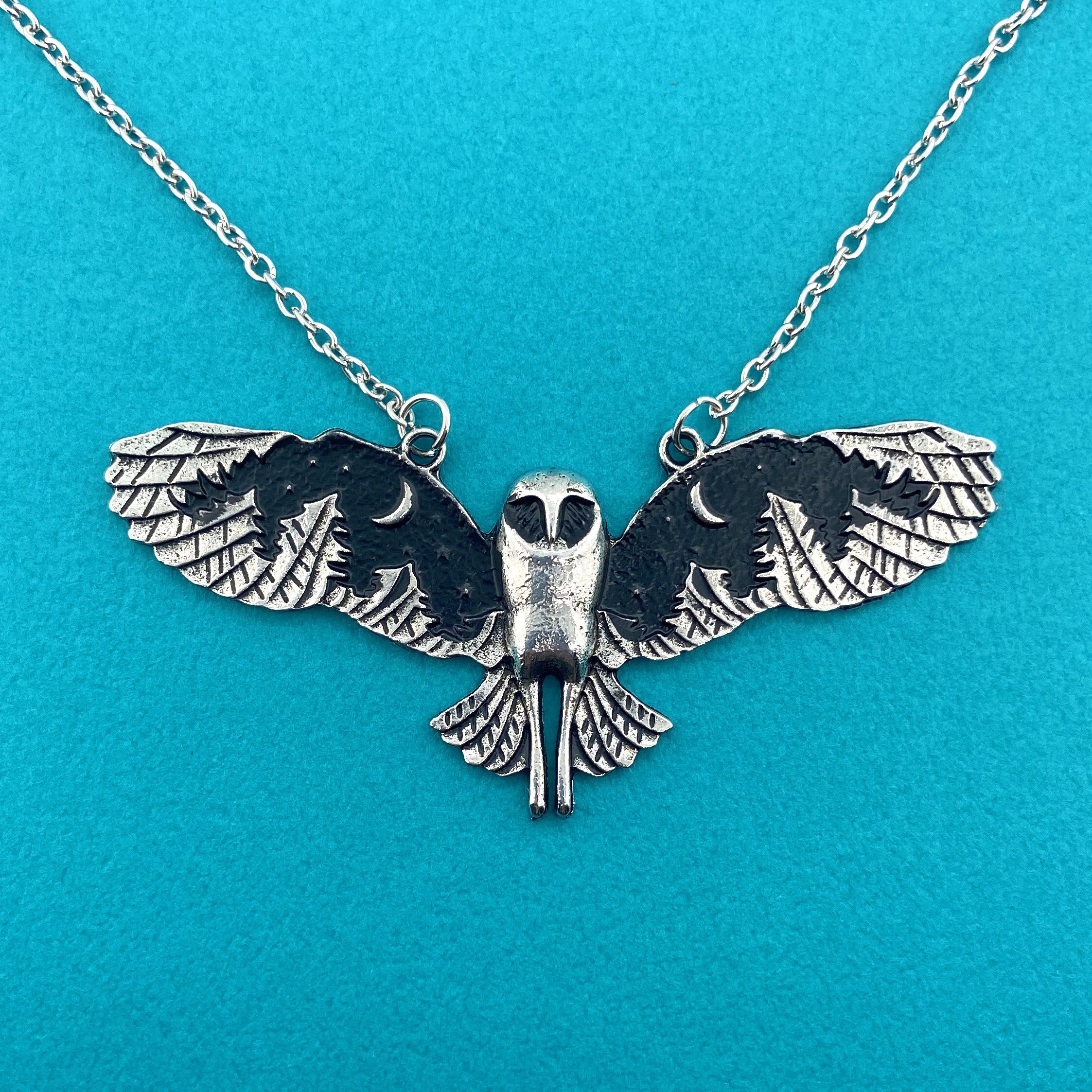 Beautiful Majestic Starry Night Barn Owl with Spread Wings Shaped Pendant Necklace for Bird Lovers |
