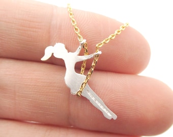 Girl Swinging on a Swing Acrobat Charm Necklace in Gold and Silver | Handmade Simple and Dainty Jewelry