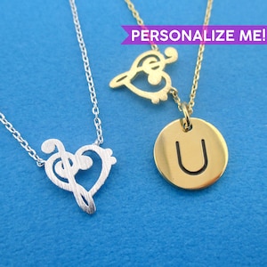 I Love Music Treble- en bassleutel harthangerketting in zilver of goud | Minimalistische handgemaakte sieraden | Personaliseer met je initiaal