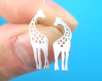 Classic Giraffe Silhouette Shaped Stud Earrings in Silver  | Minimalistic Handmade Animal Jewelry