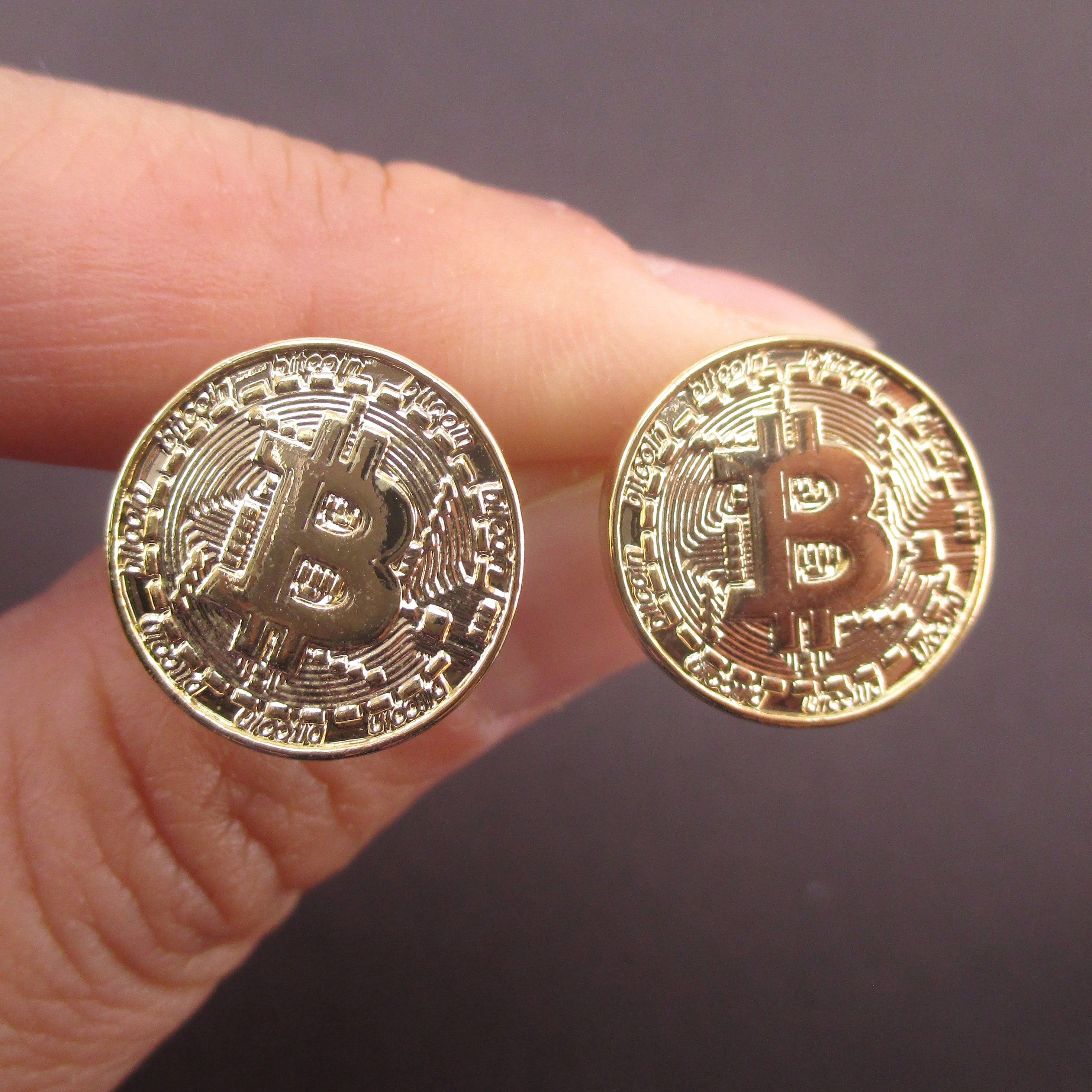 Bitcoin Shaped HODL Engraving Cryptocurrency Stud Earrings in Silver or Gold | Minimal Handmade Jewelry