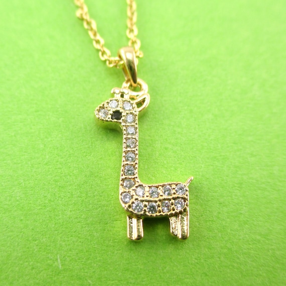 Tiny Rhinestone Baby Giraffe Calf Shaped Pendant Necklace in Gold