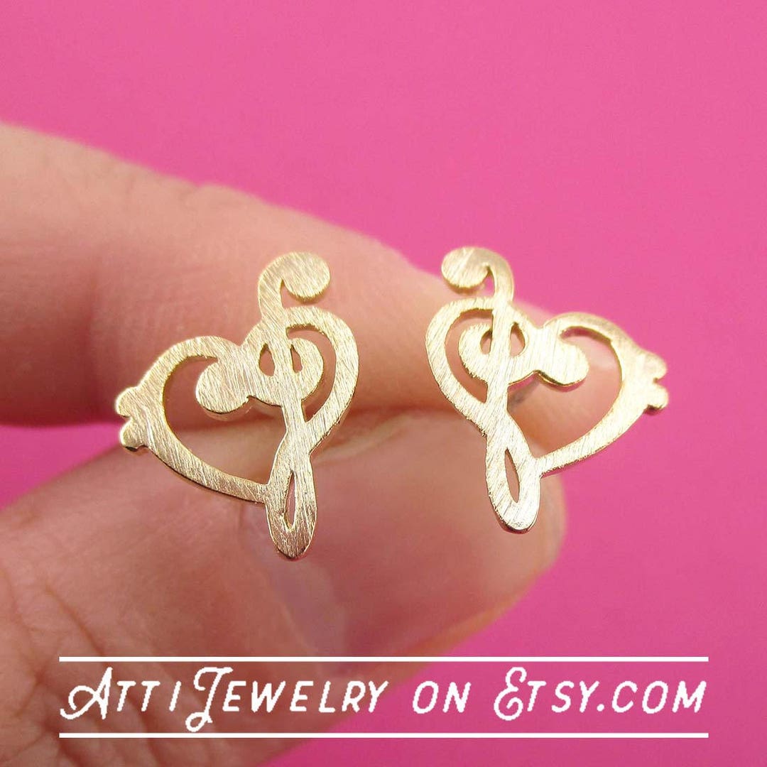 I Love Music Treble and Bass Clef Heart Shaped Allergy Free Stud ...