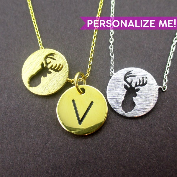 Round Stag Deer Trophy Silhouette Shaped Pendant Necklace in Gold or Silver | Handmade Animal Jewelry | Personalize With Your Initial