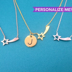 Collar con colgante de estrella fugaz &quot;Pide un deseo&quot; en plata, oro u oro rosa / Joyería minimalista hecha a mano / Personalízalo con tu inicial