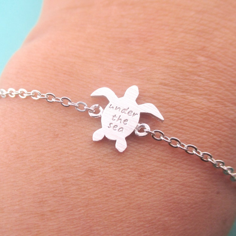 Under the Sea Marine Turtle Silhouette Shaped Charm Bracelet for Ocean Lovers in Gold or Silver Handmade Minimal Animal Jewelry