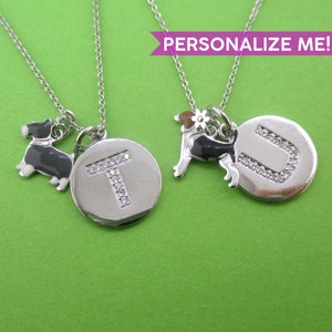 Puede incluir: Dos collares plateados con colgantes de perro y colgantes iniciales. Un colgante tiene una "T" con incrustaciones de pedrería, el otro una "U" con incrustaciones de pedrería. Los colgantes de perro son negros, blancos y plateados. El texto "PERSONALIZE ME!" está en la parte superior derecha.