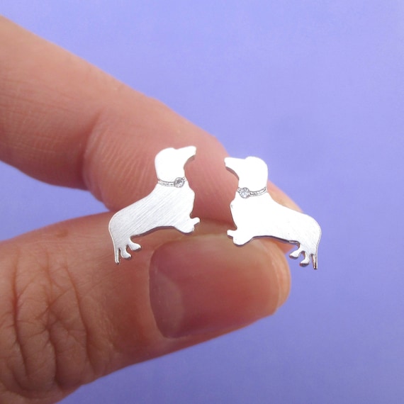 Dachshund Sausage Weiner Dog Shaped Sterling Silver Stud Earrings in Gold Silver or Rose Gold | Handmade Animal Jewelry for Dog Lovers
