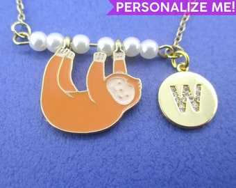 SALE: Cute Dorky Dangling Sloth Shaped Animal Enamel Pendant Necklace | Minimal Handmade Animal Jewelry | Personalize With Your Initial