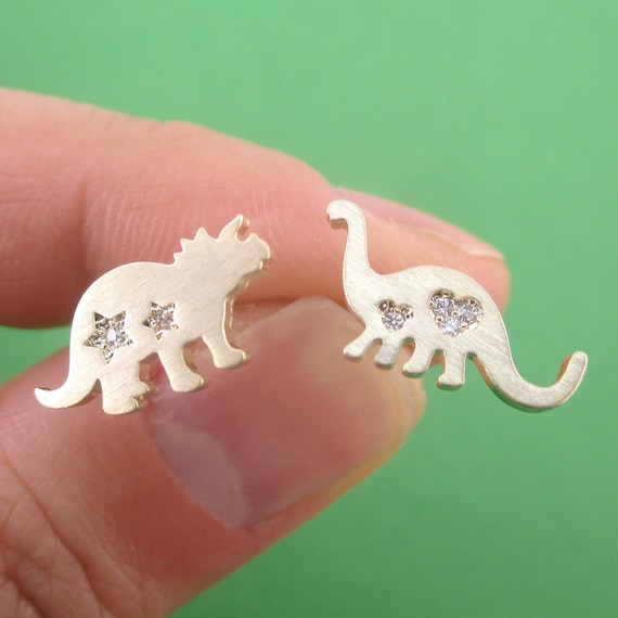 Brontosaurus Triceratops Dinosaur Silhouette Shaped Stud Earrings in Gold Silver or Rose Gold | Handmade Pre-Historic Animal Jewelry