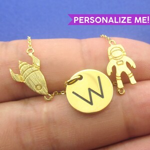 Astronaut & Spaceship Rocket Space Travel Themed Charm Necklace in Gold Silver or Rose Gold | Minimal Handmade Cosmic Jewelry | Customisable