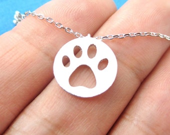 Round Paw Print Cut Out Shaped Animal Charm Necklace in Silver | Handmade Animal Jewelry