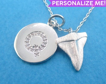 Miniature Shark Tooth Shaped Sea Creatures Themed Pendant Necklace in Silver | Handmade Animal Jewelry | Personalize With Your Initial