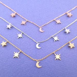 Schöne Mond und helle Nacht Sterne geformt Weltall Themen Charme Halskette in Silber, Gold oder Rose Gold | Minimalistischer handgemachter Schmuck