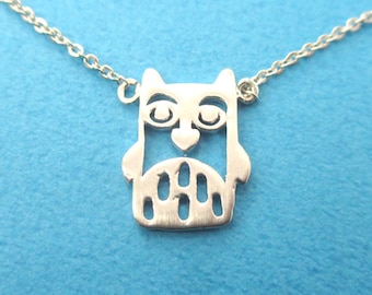 SALE: Super Cute Owl Face Shaped Cut Out Charm Necklace in Silver | Handmade Animal Jewelry