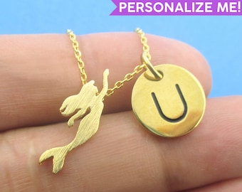 The Little Mermaid Ariel Silhouette Charm Necklace in Gold Silver or Rose Gold | Handmade Minimal Jewelry
