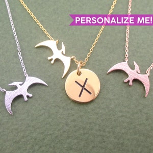 Pterodactyl Dinosaur Shaped Animal Charm Necklace in Silver Gold or Rose Gold | Handmade Animal Jewelry | Personalize With Your Initial