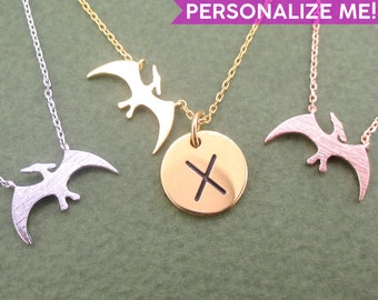 Pterodactyl Dinosaur Shaped Animal Charm Necklace in Silver Gold or Rose Gold | Handmade Animal Jewelry | Personalize With Your Initial