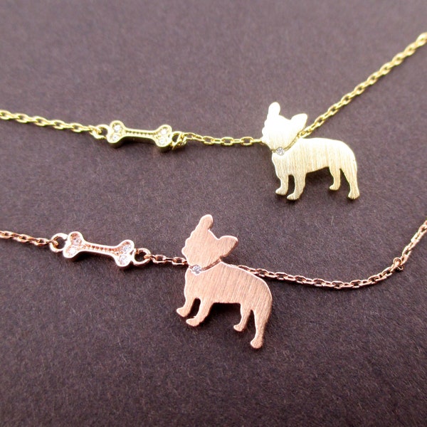 French Bulldog Puppy Dog Bone Silhouette Shaped Pendant Necklace in Gold or Rose Gold | Handmade Animal Jewelry for Dog and Pet Lovers