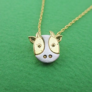 3D Cow Face Cattle Oxen Yak Shaped Pendant with Tiny Horns Necklace in Gold | Handmade Animal Inspired Jewelry