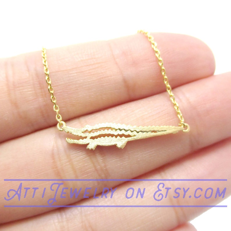 Cut Out Crocodile Shaped Animal Alligator Silhouette Bar Pendant Necklace in Gold or Rose Gold Minimalistic Handmade Animal Jewelry image 4