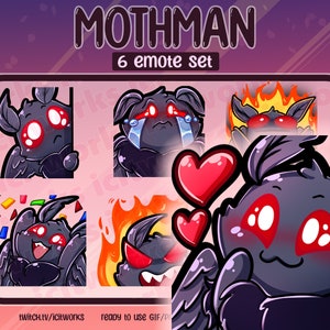 Cute Mothman Twitch Emote Set of 6 Emojis Chibi Kawaii Spooky Cryptid Moth Halloween Emotes for Discord and Streaming