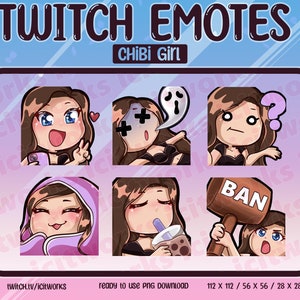 Chibi Cute Girl Twitch Emotes Lot de 6 Streamer Discord Emoji - Yeux bleus - Longs cheveux bruns - Peau claire -