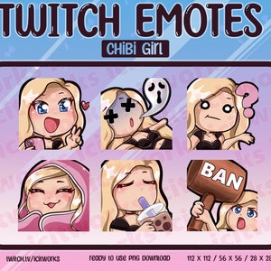 Chibi Cute Girl Twitch Emotes Set of 6 Streamer Discord Emoji - Blue Eyes - Long Blonde Hair - Light Skin -