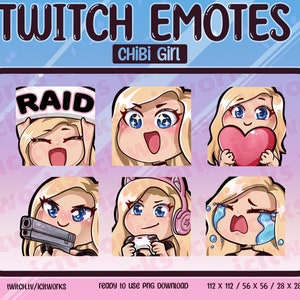 Chibi Cute Girl Twitch Emotes Set of 6 Streamer Discord Emoji - Blue Eyes - Long Blonde Hair - Light Skin -