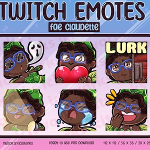 Könnte beinhalten: Eine digitale Grafik mit sechs Twitch-Emotes. Die Emotes zeigen eine Zeichentrickfigur mit brauner Haut, Brille und einem grünen, blattartigen Kopfschmuck. Jedes Emote drückt eine andere Emotion aus, darunter ein Geist, ein Herz und das Wort "LURK".