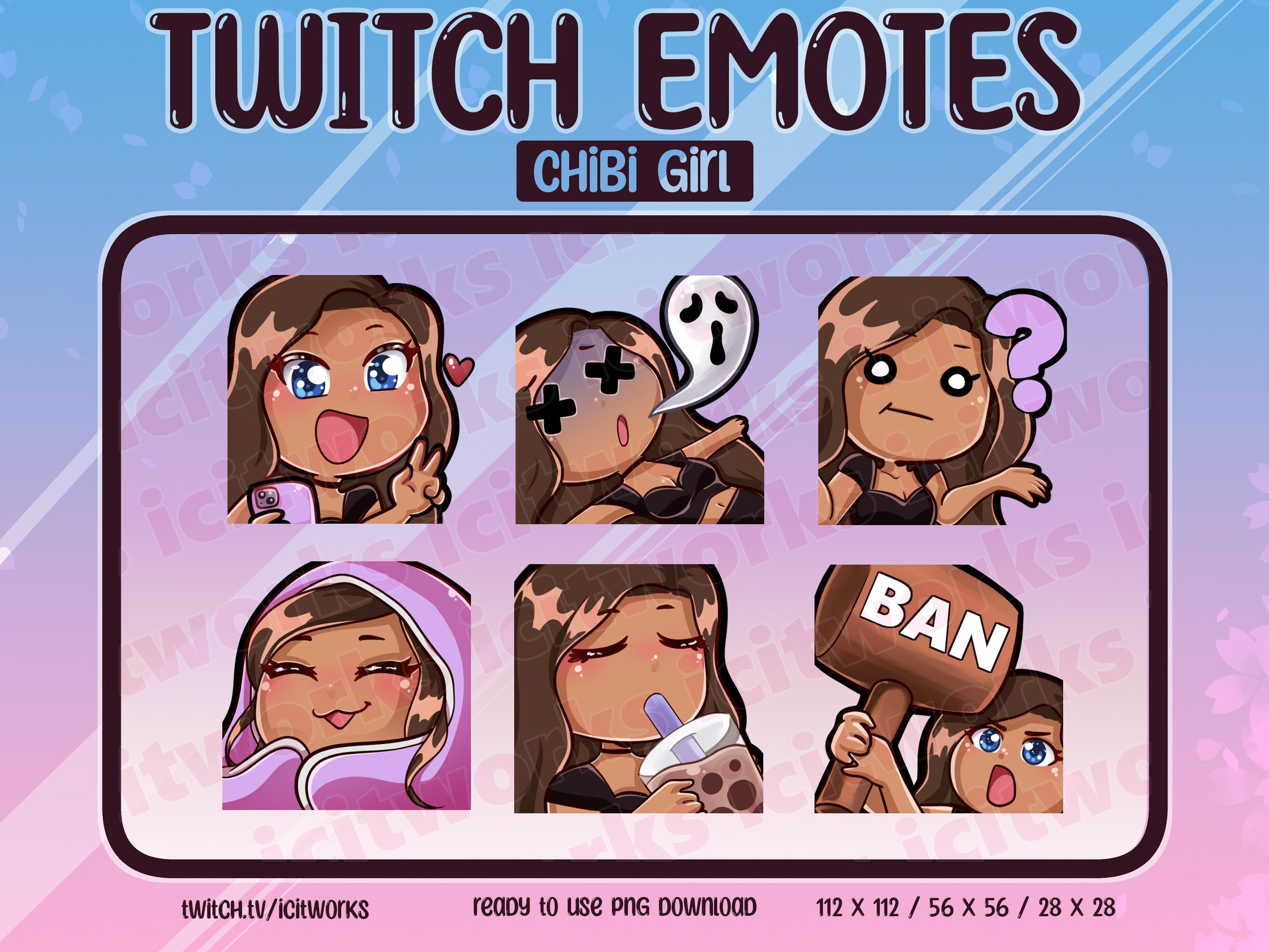 Chibi Cute Girl Twitch Emotes Set of 6 Streamer Discord Emoji - Blue ...