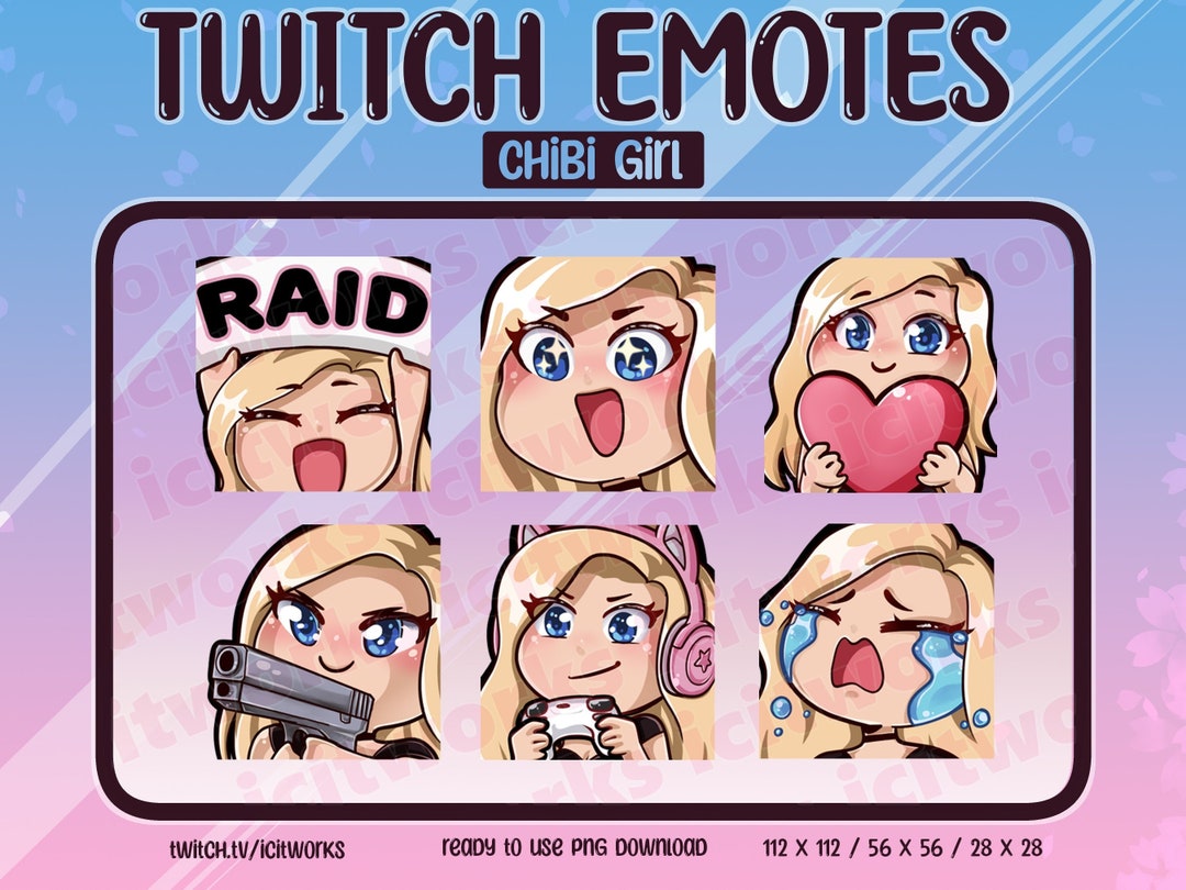 Chibi Cute Girl Twitch Emotes Set of 6 Streamer Discord Emoji Blue Eyes ...