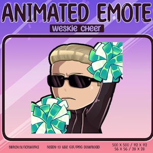 Puede incluir: Emoticono animado con un personaje de dibujos animados con gafas de sol y pelo rubio, sosteniendo pompones verdes y blancos. El texto "ANIMATED EMOTE" y "weskie cheer" se muestran. La imagen está lista para usar como GIF o PNG.