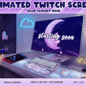 Twitch Animated Screens Cloudy Moon Desk Cute Relaxing Cozy Gaming Room Stream Assets