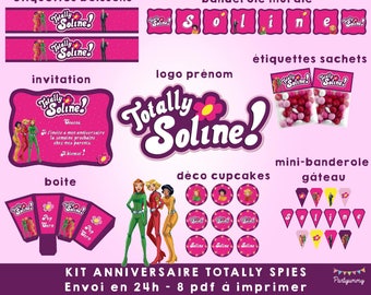 Totally Spies party package custom with name logo banner invitation cake bunting popcorn and more