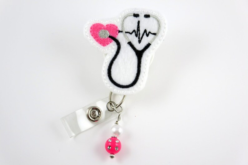 Stethoscope Pink Heart Retractable ID Badge Holder-Name Badge Holder-Nurses Badge-Badge Clip-Badge Reels-Pediatric-RN-Nursing Badge Holder