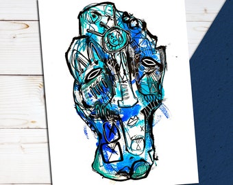 Blue series number two A3 print. Street Art / Graffiti style artwork. Neo expressionism. Signed print