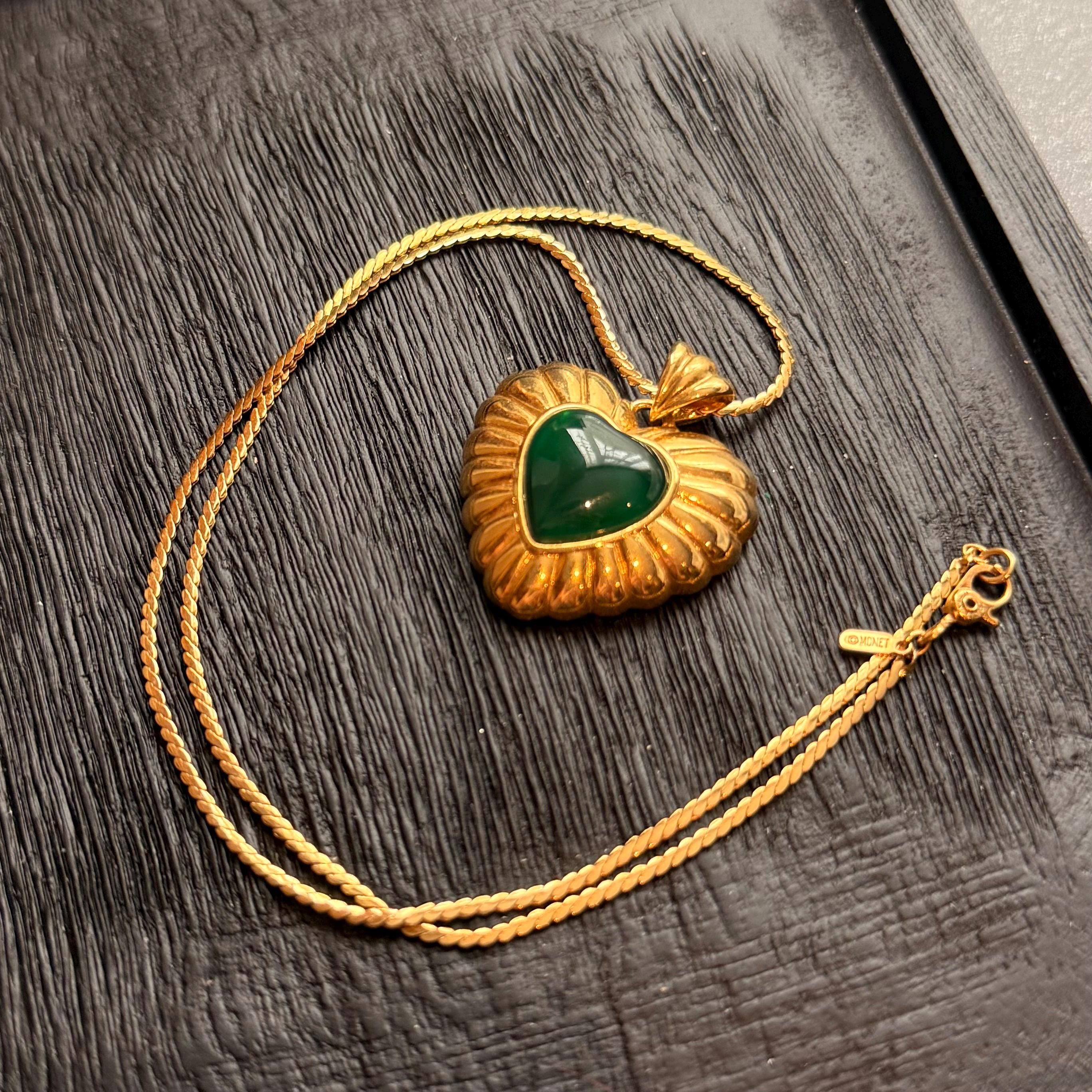 1980s Vintage Monet signed gold-plated heart pendant necklace with green cabochon stone