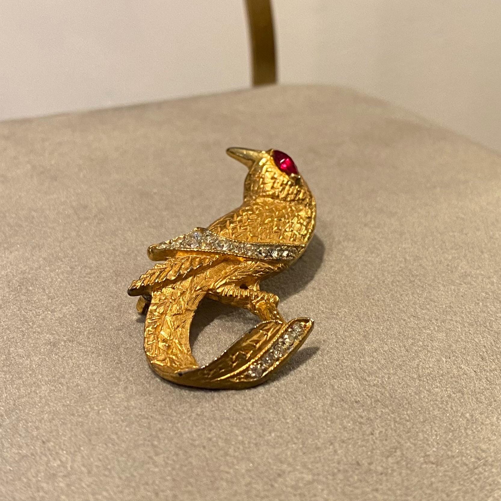 Broche Vintage Ronde Dorée Motif Oiseau - 3.2 Cm, Métal Oxydé Occasion