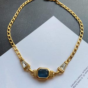 Vintage Fior signerat guldpläterat halsband med blå cabochonstens i glas