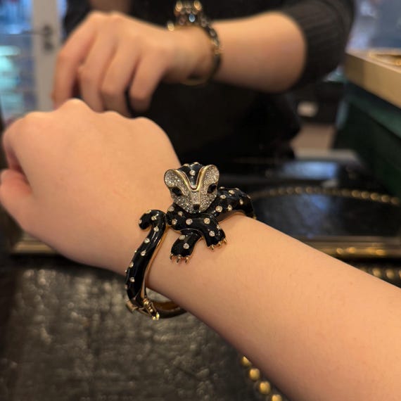 Vintage Panetta Black Enamel Panther Cuff Bracelet Gold-plated