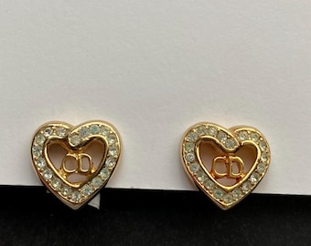 Vintage Christian Dior Logo Design Heart Shape Rhinestone Clip-on