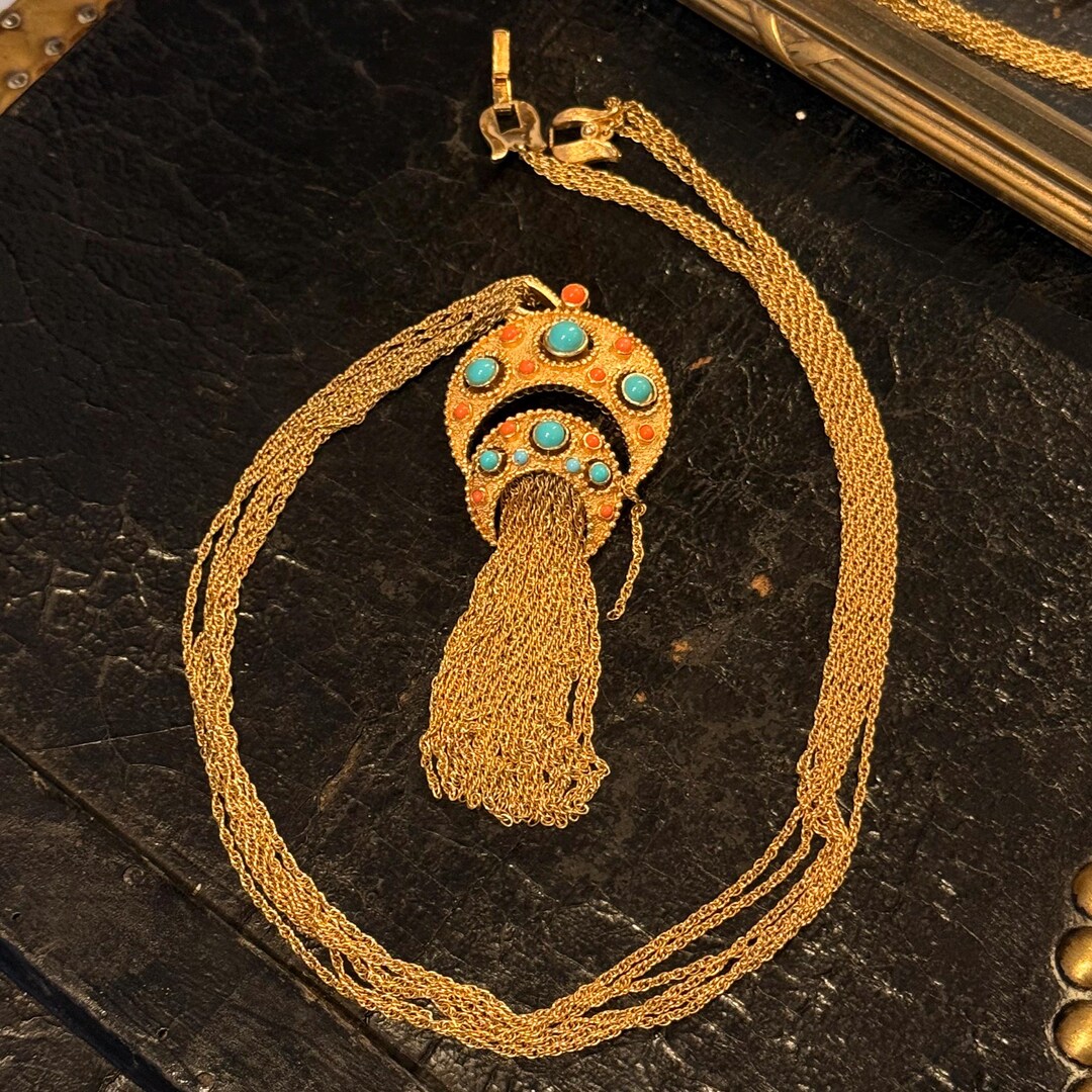 トリファリ TRIFARI ゴールドロングタッセルネックレス ヴィンテージ ヴィンテージ トリファリ サイン入り ターコイズオレンジ グラス