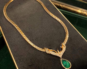 Vintage Christian Dior signed gold-plated emerald green marble tear drop pendant chain necklace 1980s