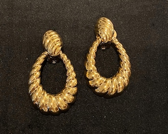 Vintage Christian Dior signed gold-plated textured hoop drop clip-on earrings 1980s