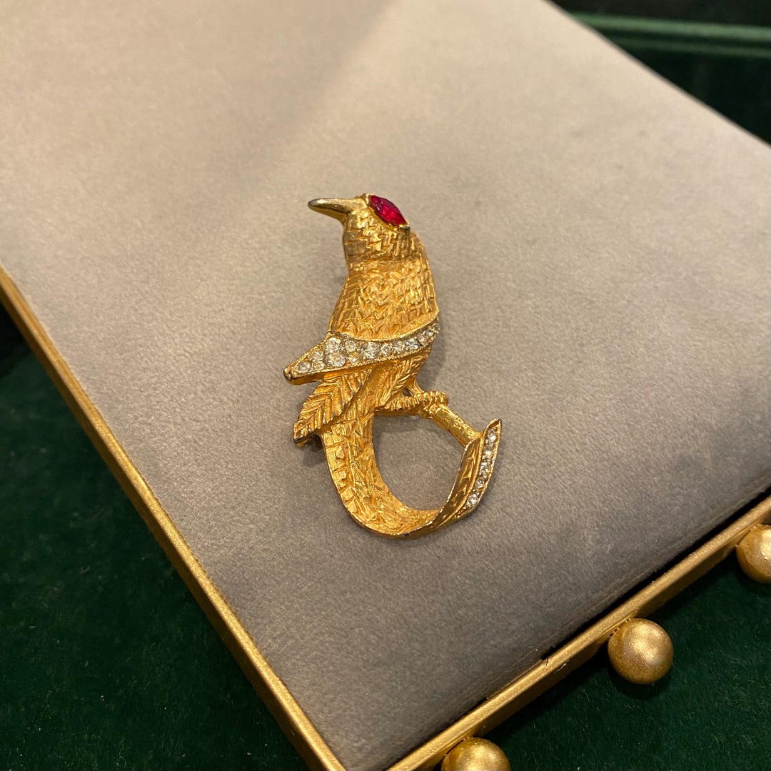 Broche Ancienne Art Déco / Nouveau Créateur, Oiseaux, Plaqué Or 18k 750