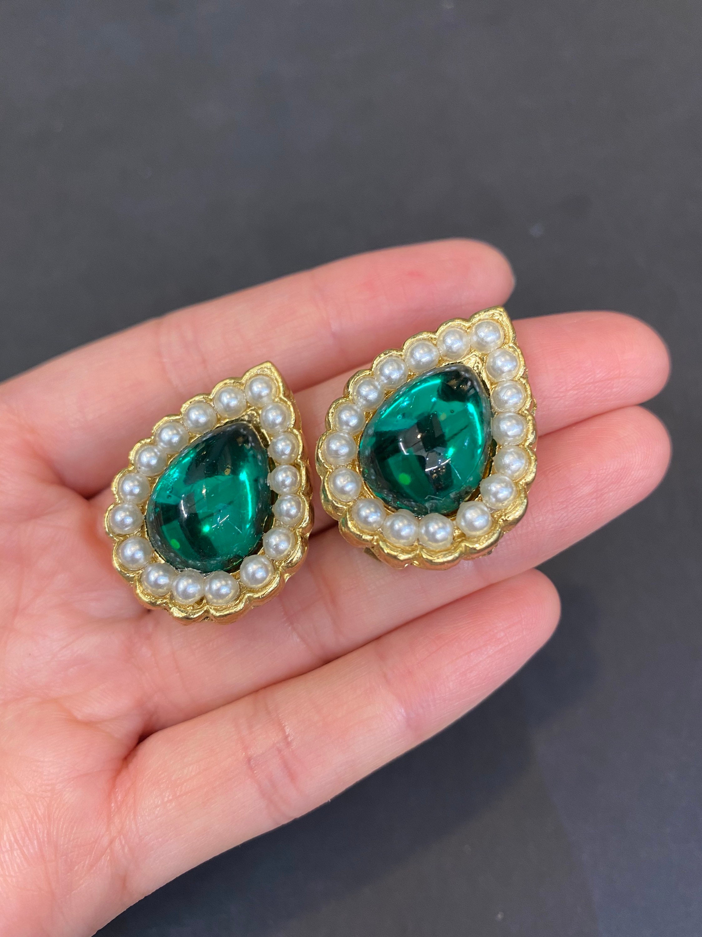 Boucles D'oreilles Vintage à Clips - Pâte De Verre Ancienne Et Quartz Vert, Pendantes Et élégantes