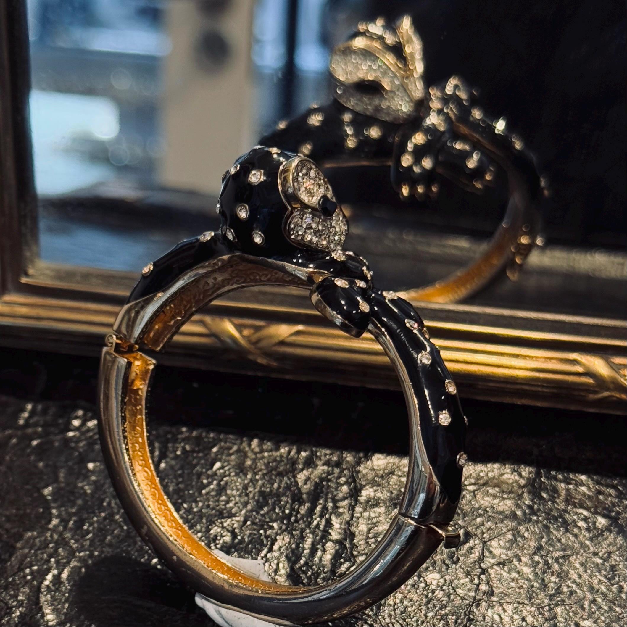 Vintage Panetta Black Enamel Panther Cuff Bracelet Gold-plated